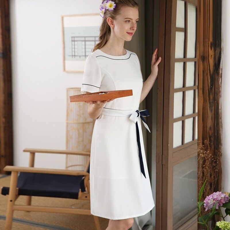 2023 moda manga curta branco salão de beleza esteticista vestido coréia magro ajuste workwear feminino spa uniforme