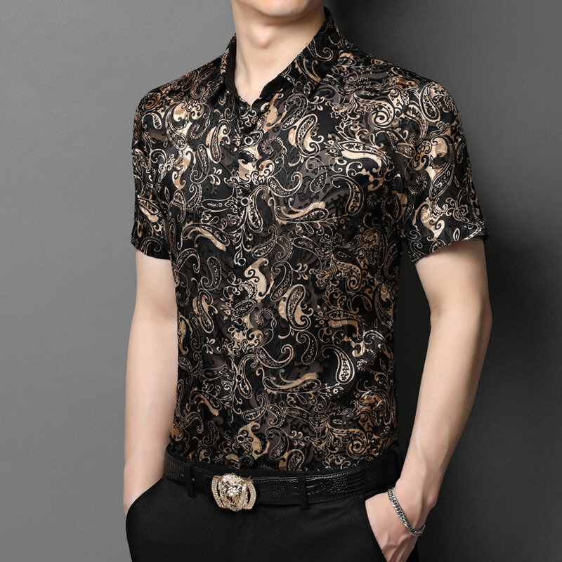 Летняя новая мужская рубашка из вискозы с короткими рукавами, приталенная тонкая рубашка, модная рубашка с полурукавами и цветочным принто...