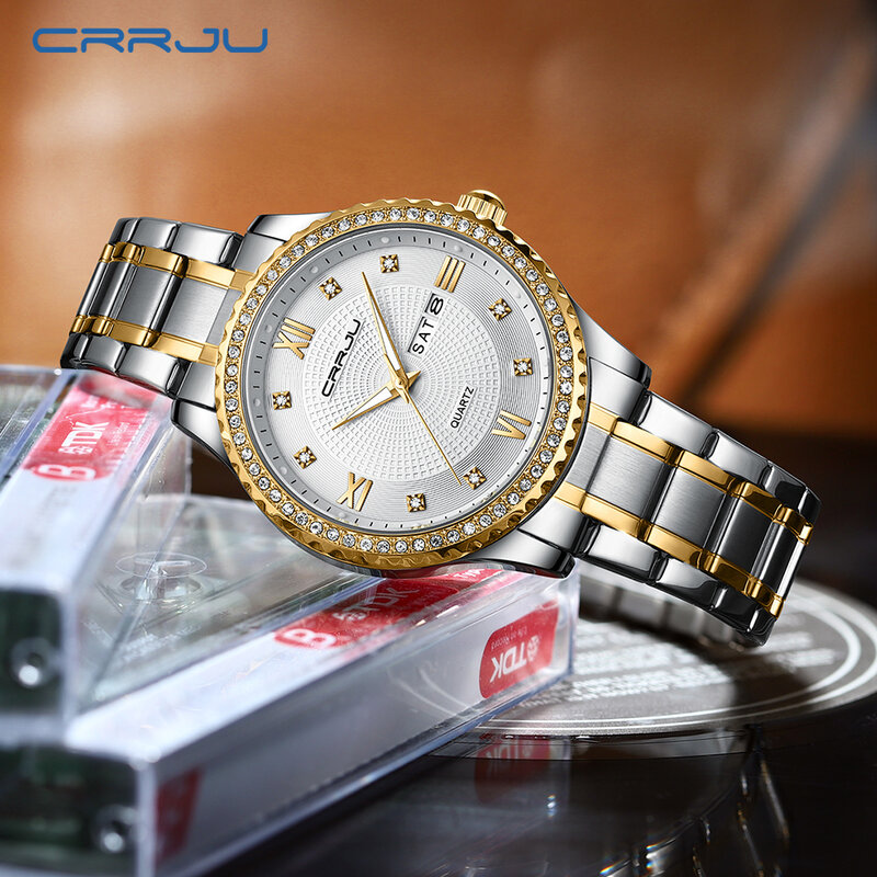 CRRJU-Relógios de pulso de aço inoxidável masculino impermeável, banda luminosa, data e calendário relógio, moda casual