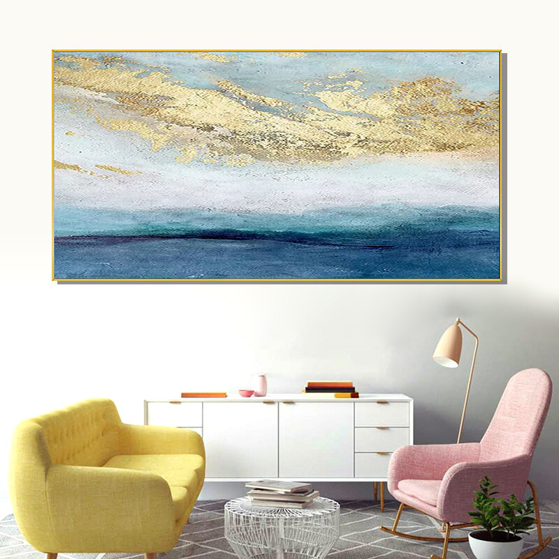 Pintura al óleo abstracta pintada a mano sobre lienzo para sala de estar, pintura dorada moderna, decoración para salón, dormitorio, decoración del hogar, 100%