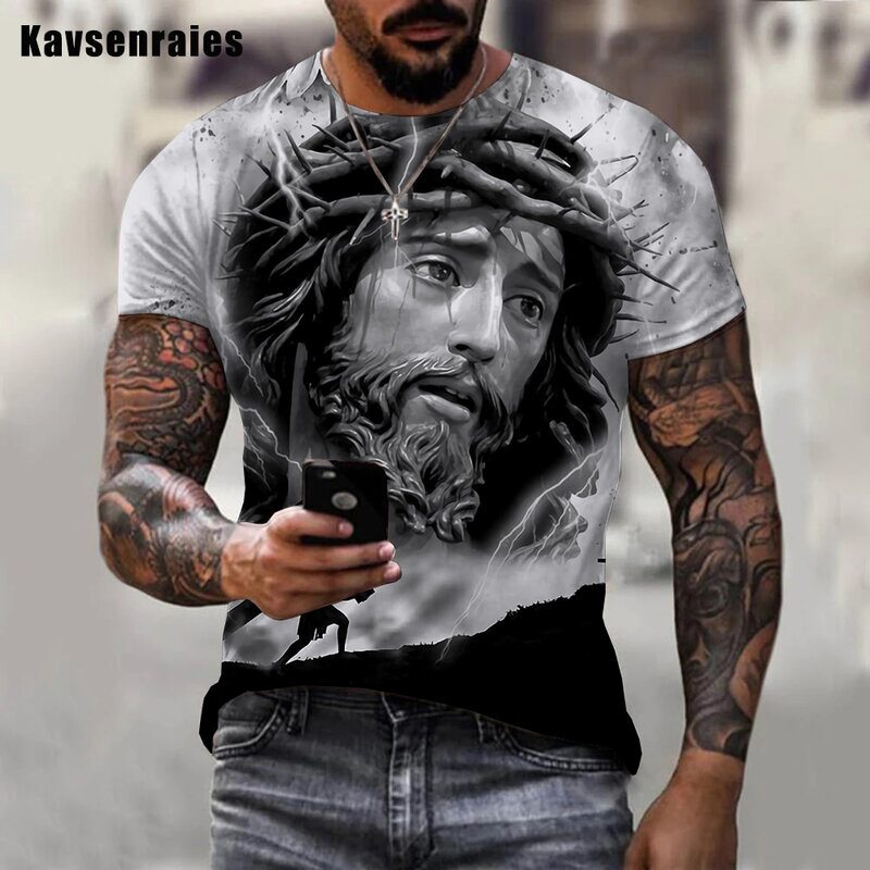 T-shirt manches courtes à col rond pour homme et femme, Streetwear décontracté, surdimensionné, à la mode, avec jésus Christ imprimé en 3D, de haute qualité