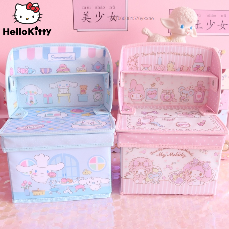 Sanrio My Melody Hello Kitty พิมพ์พับ Desktop Storage กล่องของเล่น Sundries Cinnamoroll ตะกร้าจัดเก็บเครื่องสำอาง