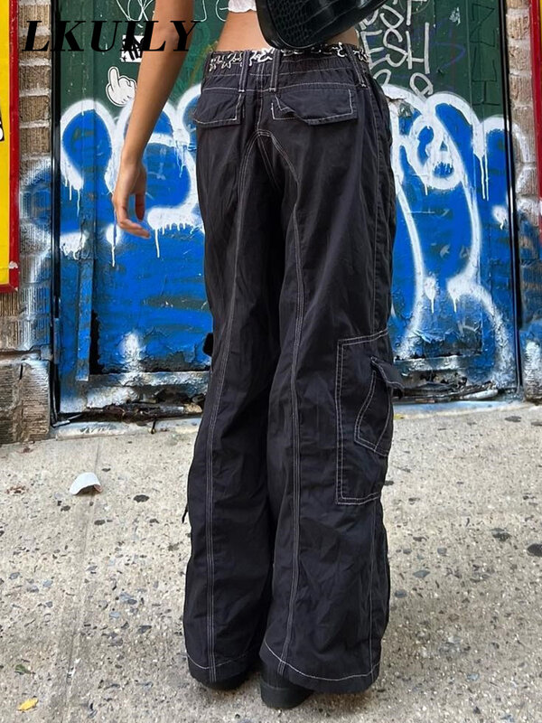 Y2K Taschen Cargo Hosen für Frauen Gerade Oversize Hosen Harajuku Vintage 20S Ästhetischen Niedrigen Taille Hosen Breite Bein Baggy jeans