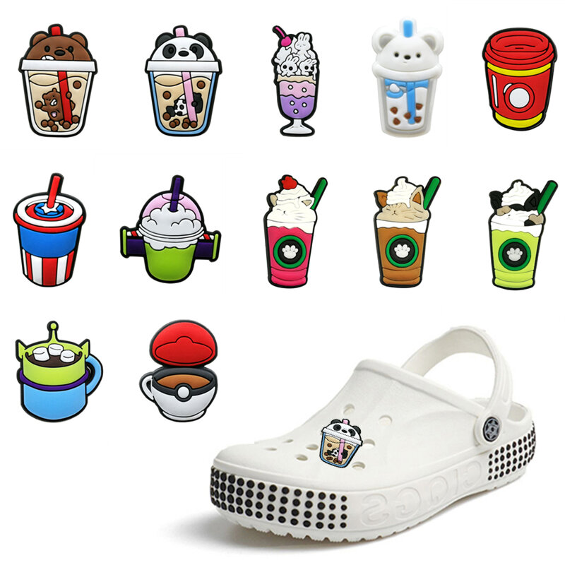 Cute 1pcs jibz Cartoon Bubble tea PVC Shoe Charms DIY coffee beverages Shoe Aceessories Fit croc clogs Decorate girls kids Gifts