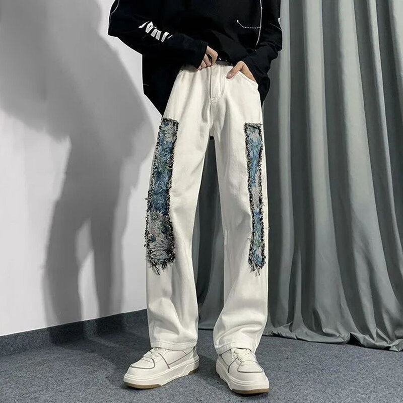 Jeans europei e americani High Street Vibe da uomo nuovi pantaloni in Denim con cuciture Patch di alta qualità Y2k pantaloni dritti larghi di nicchia