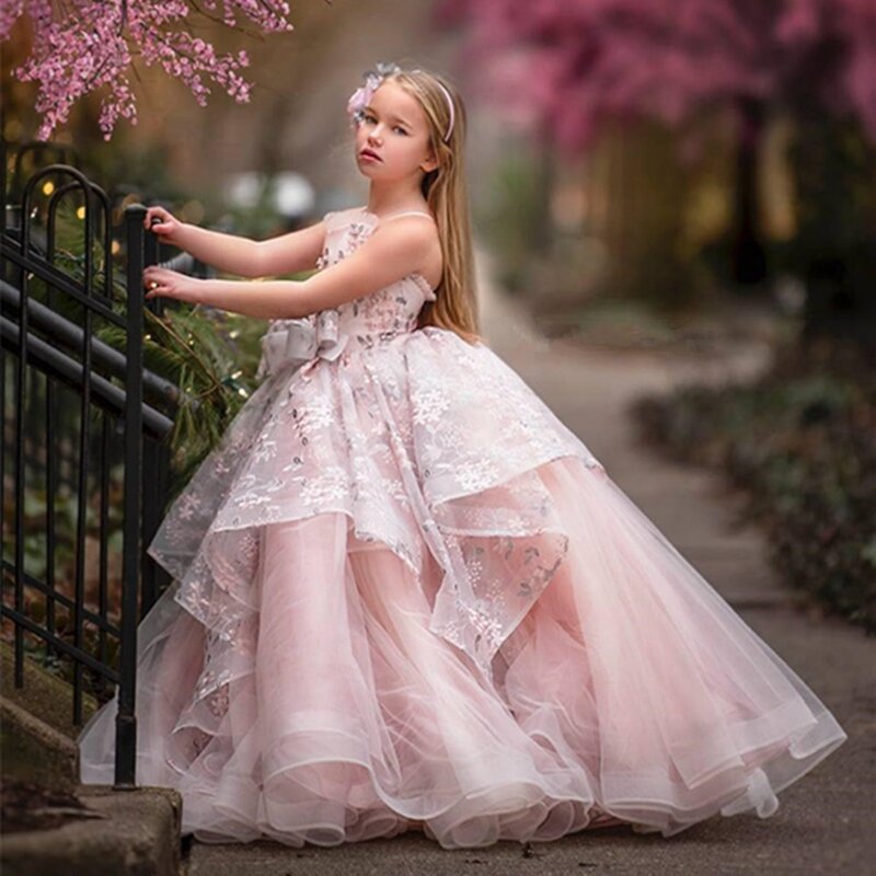 Różowa suknia balowa kwiatowe sukienki dla dziewczynek na wesele paski Spaghetti księżniczka fortepian dla dzieci wydajność luksusowe dzieci wieczór korowód