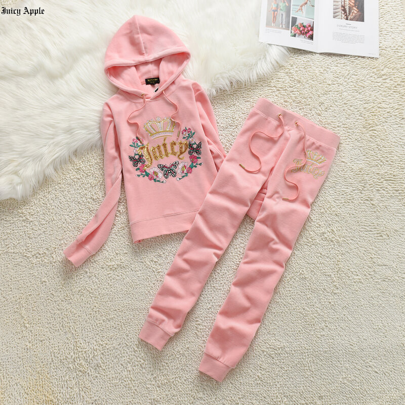 Juicy Apple Pink 운동복 세트 여성용, 2023 자수 후드 및 바지 세트, 캐주얼 여성 의상, 2 가지 패션 피스