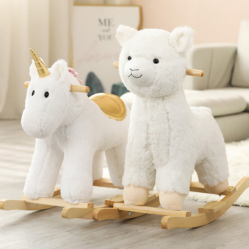 Silla de caballo mecedora de dibujos animados de madera de felpa para decoración de habitación de niños, regalos de cumpleaños para niñas
