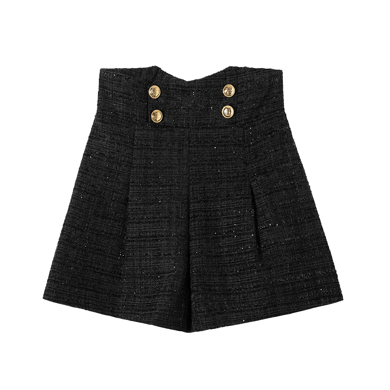 Wisher & tong 2022 novo em preto shorts para mulheres de cintura alta casual tweed calças curtas outono inverno coreano elegante a-line shorts