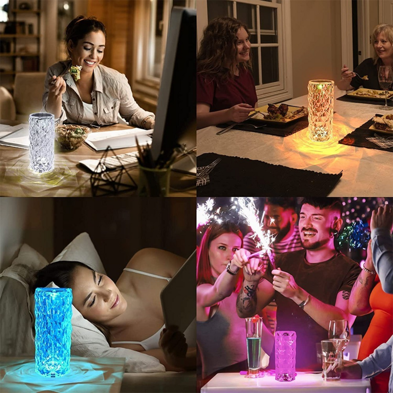 Lampe de Table LED en cristal Rose, projecteur tactile, réglable, romantique, diamant, atmosphère, USB, veilleuse, 3/16 couleurs