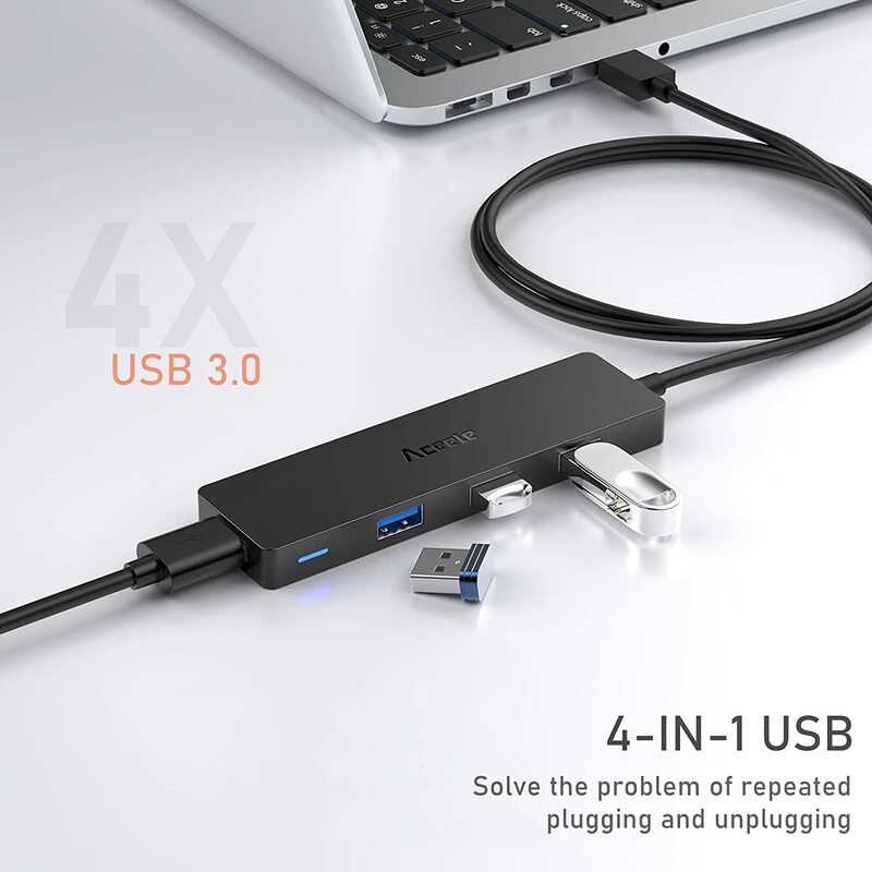 Aceele USB Hub 3.0 Splitter Baru dengan Kabel Panjang Ekstensi 4 Kaki [Pengisian Daya Tidak Didukung], Multiport Ekstra Ramping 4-Port