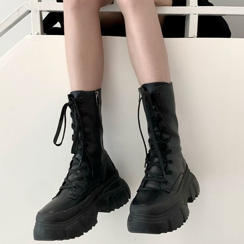 QWEEK-Botas de medio tubo para mujer, botines con cordones de goma y plataforma, color negro, estilo británico, moda coreana, otoño 2021