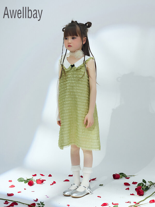 Oryginalny Design dziewczyna lalka szyi siatki bez rękawów koreański księżniczka sukienka party Dress dla dzieci dziewczyna