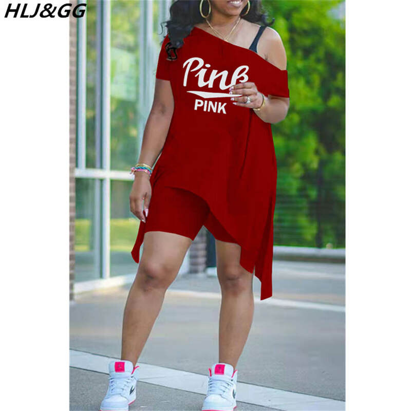 HLJ & GG – survêtement d'été décontracté pour femmes, tenue 2 pièces imprimée lettres roses, ensemble asymétrique épaule dénudée, haut irrégulier, short de Sport, Streetwear