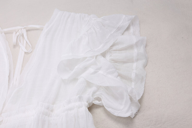 Gaun Maxi Pantai Musim Panas Gaun Penutup Bikini Panjang Boho Wanita Gaun Putih Seksi Leher-v Kasual Pinggang Tinggi Vestidos De Mujer