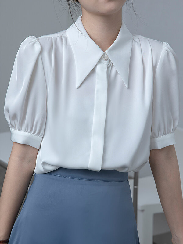 Camisa blanca elegante de manga larga para Mujer, blusa informal de gasa con doble botonadura y cuello Peter pan para otoño, 2021