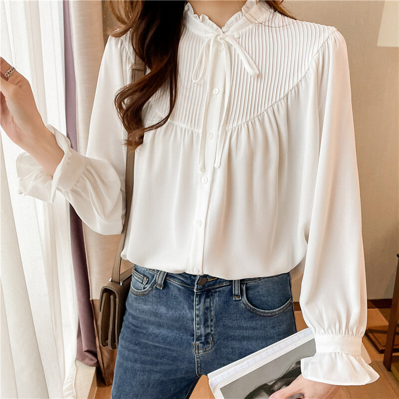 Blusa De gasa De encaje para Mujer, camisa elegante De manga larga, color blanco, 212G, para primavera y otoño