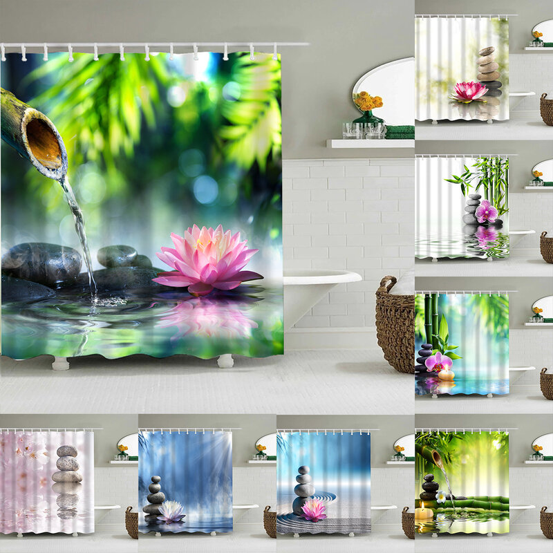 Cortina de ducha con diseño de flor de loto para baño, cortina de ducha de poliéster impermeable con ganchos, estilo rústico