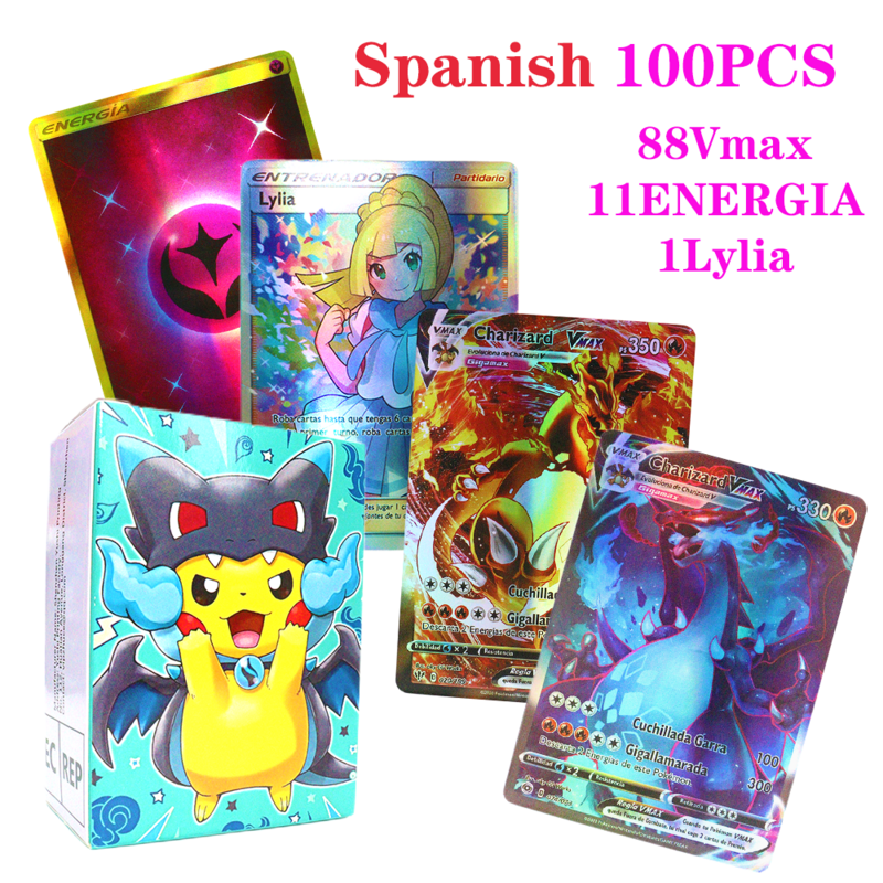 55-100 개 영어 프랑스어 스페인어 포켓몬 종이 카드 피카추 리자몽 뮤츠 Vmax 태그 팀, 메가 애니메이션 게임 취미 컬렉션