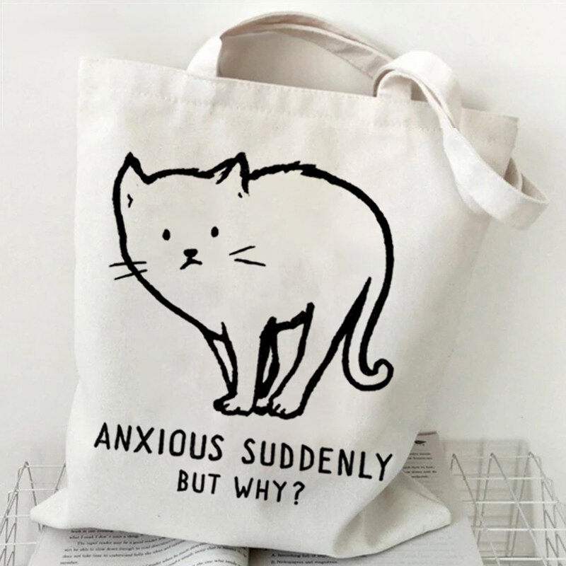 Não hoje kawaii gato bolsa de lona casual sacola kawaii animal sacos de mulheres bonito gato tote gráfico shopper sacos de ombro bolsa