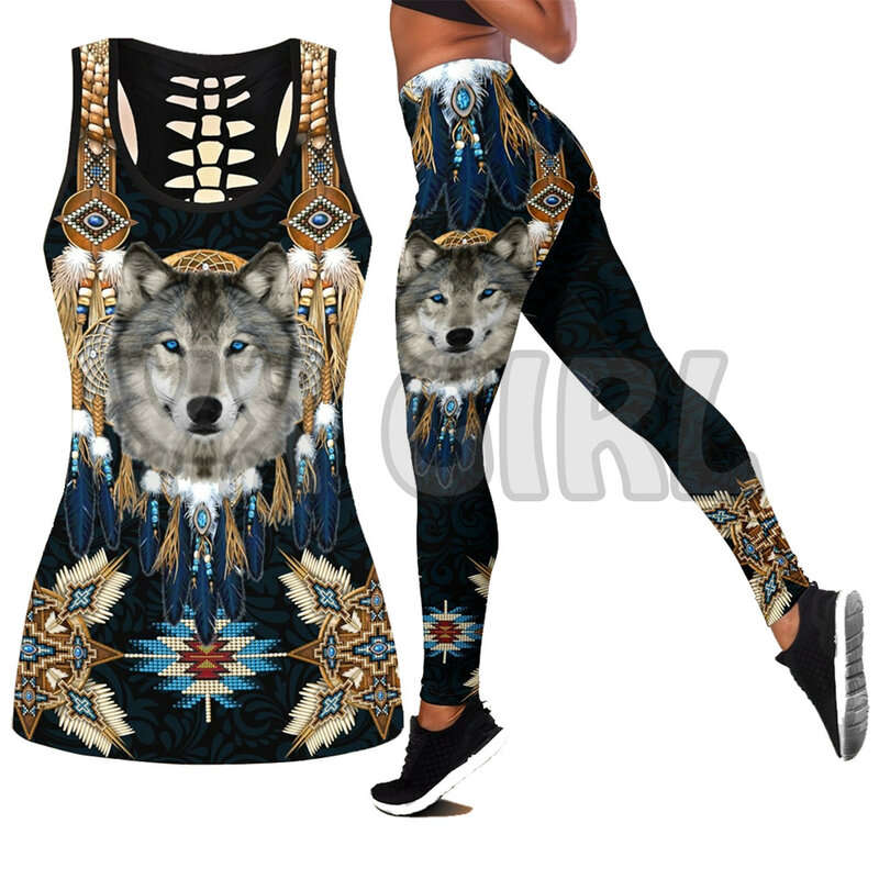Baju Atasan Kaus Tank Top + Legging Combo Cetak 3D Native Love Wolf Legging Fitness Yoga Wanita