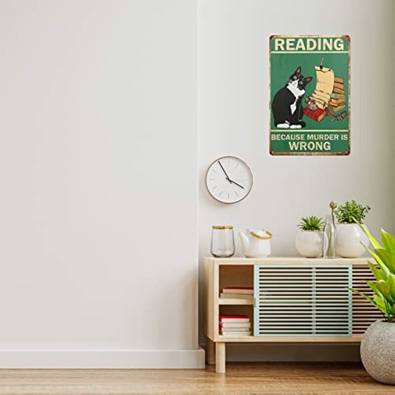 أسود القط القراءة Vintage علامات معدنية ، مكتبة غرفة القراءة المنزل القهوة بار جدار ديكور 8x12 بوصة