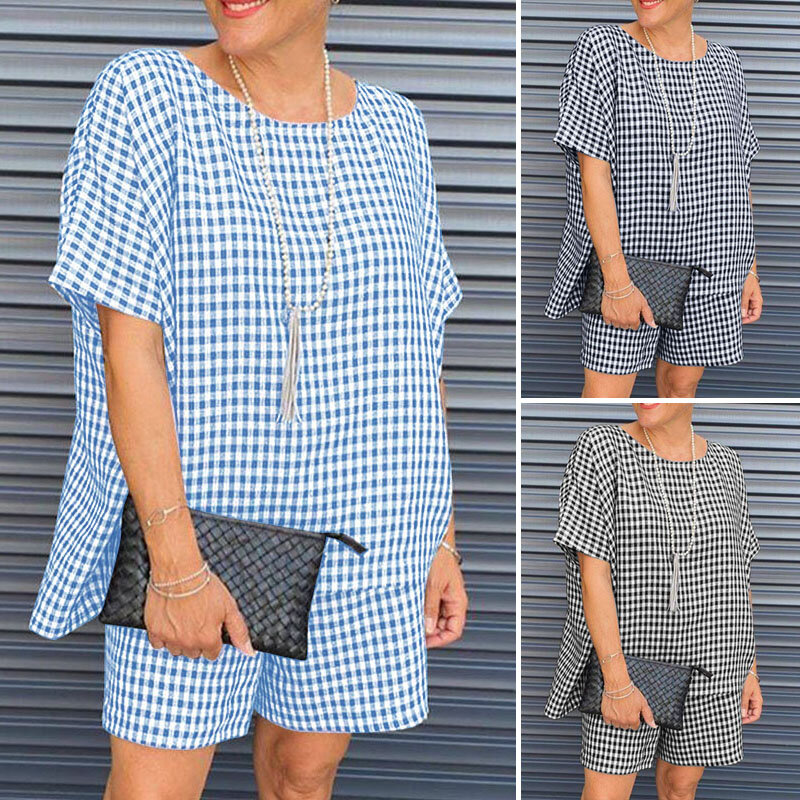Casual Short Sleeve Grid Short Sets 2022 Summer Checked Print Matching Sets Women ZANZEA Vintage Plaid Loose Suits Holiday 2PCS
