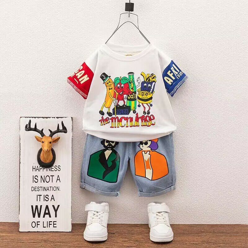 아동복 세트, 반팔 티셔츠 반바지 투피스, 소년과 아기, 패셔너블, 여름 신상