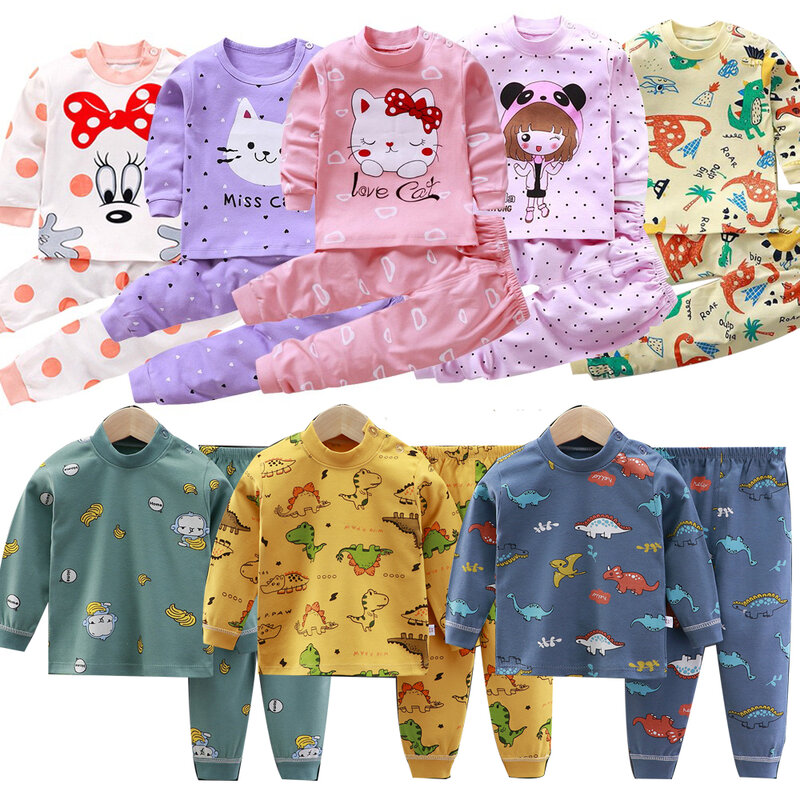 Pijamas de algodón con dibujos de unicornios para niños y niñas, ropa de dormir para el hogar, traje de otoño, Conjunto de pijama de dinosaurio