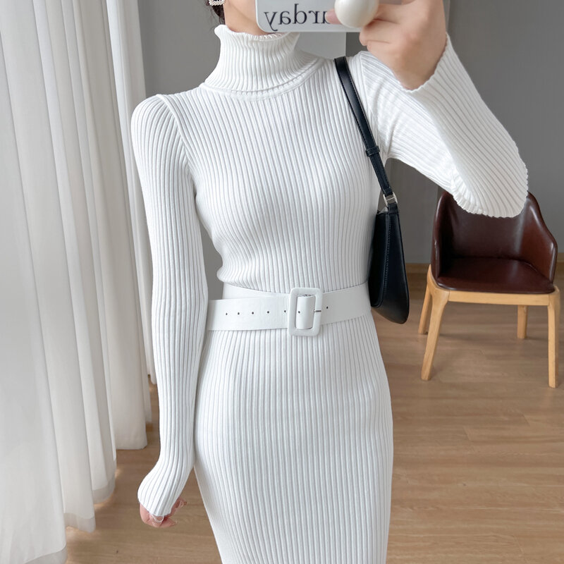 Wisher & tong 2022 outono roupas femininas vestido de malha durtleneck manga longa branco vestido de malha coreano elegante vestido de camisola longa