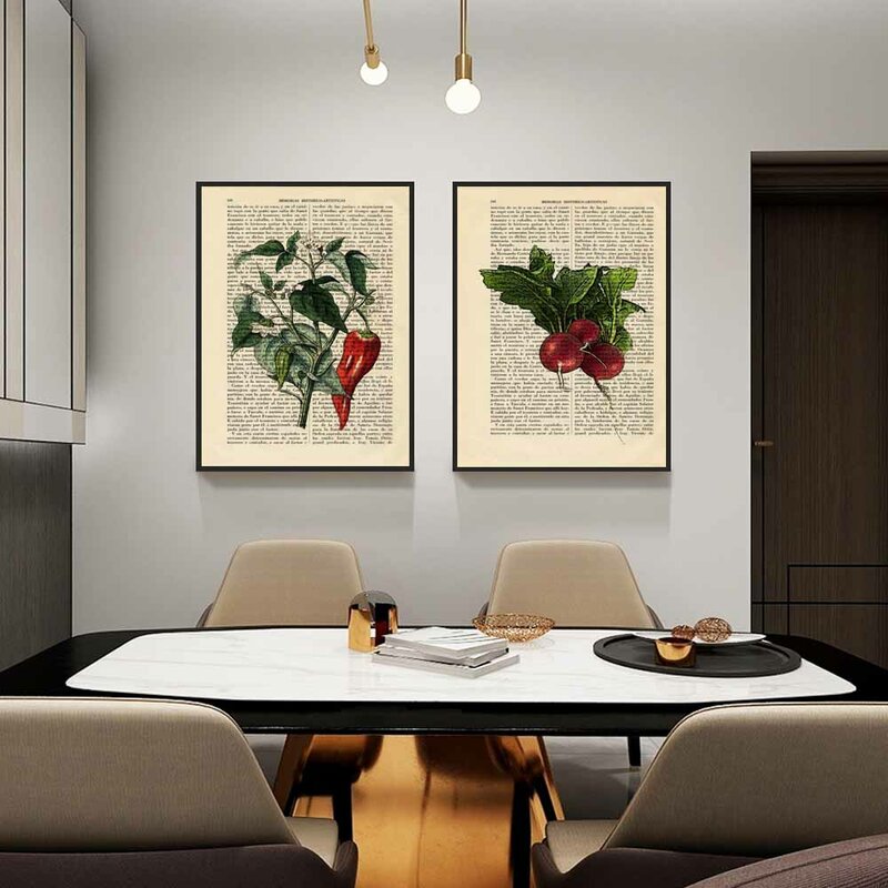 Retro art plant canvas painting dictionary vegetable eggplant radish wall art poster office living room home decoration mural