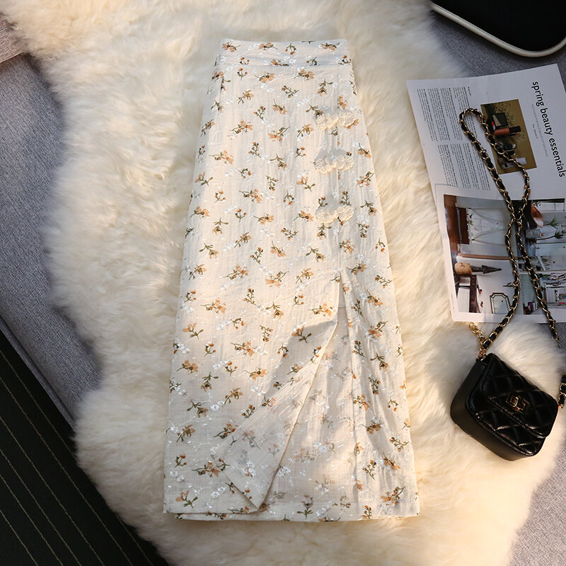 Wisher & Tong-Falda larga de cintura alta para mujer, falda Floral con abertura lateral, moda coreana, 2022