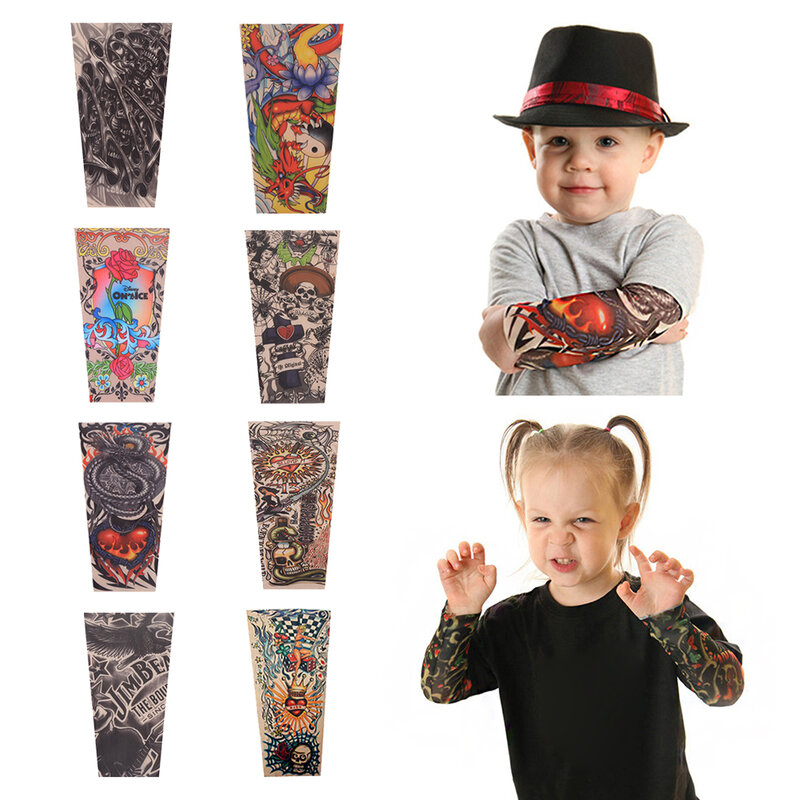 Mangas de tatuaje para niños, cubierta de brazo con estampado de dibujos animados, protección solar UV, transpirable, seda de hielo, verano, 2 uds.