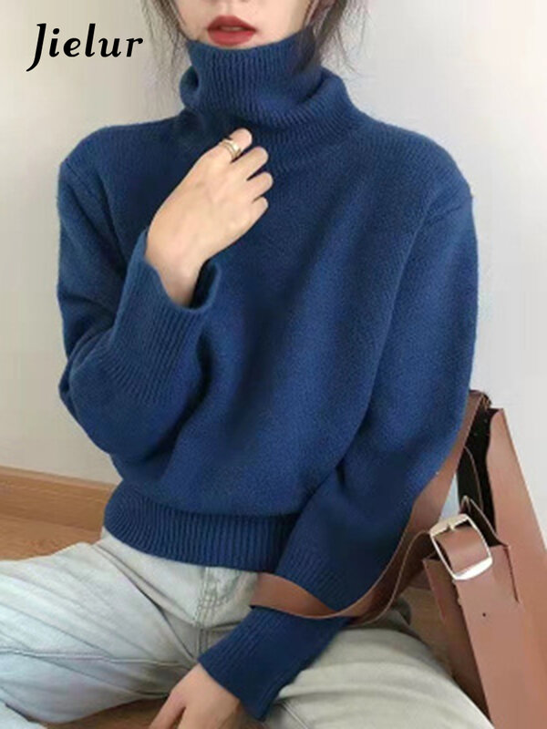 Jielur 2022 Cashmere elegante collo alto donna maglione morbido lavorato a maglia pullover di base O collo sciolto caldo maglione maglieria femminile