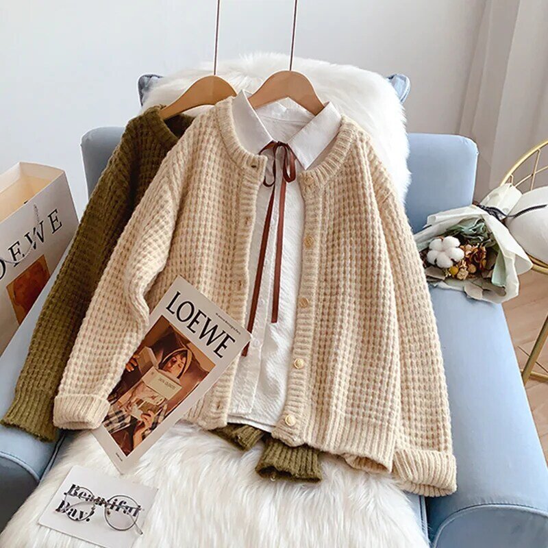 SONG YI Waffle Vintage Solid Plaid Sweater Jacket Women Short Loose Knit Cardigans Long Sleeve Basic Top Casual Coats A0252
