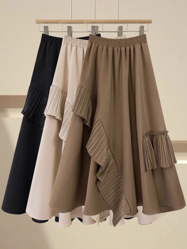 Falda de pastel de costura Irregular para otoño e invierno, falda Retro de hoja de loto que combina con todo, longitud media, cintura alta, fina, línea A