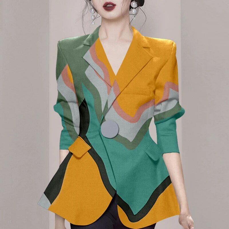 Temperament Women Office OL Lady Single Button Blazer 2022 Vintage Fashion Print Notched Collar Long Sleeve Ladies Outerwear