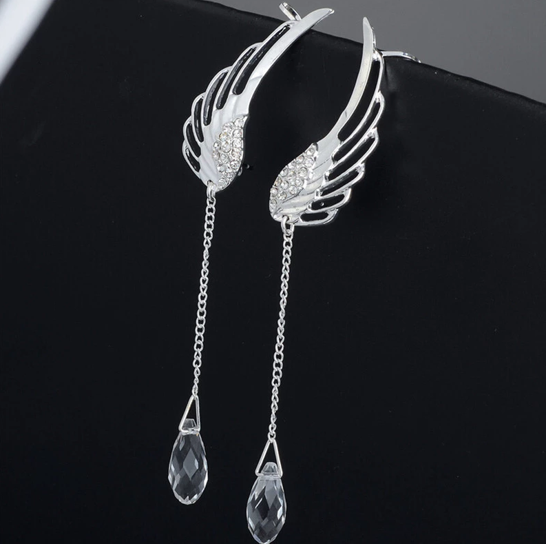 Brincos de moda asas de anjo flash diamante clipe de orelha de cristal corrente borla orelha jóias