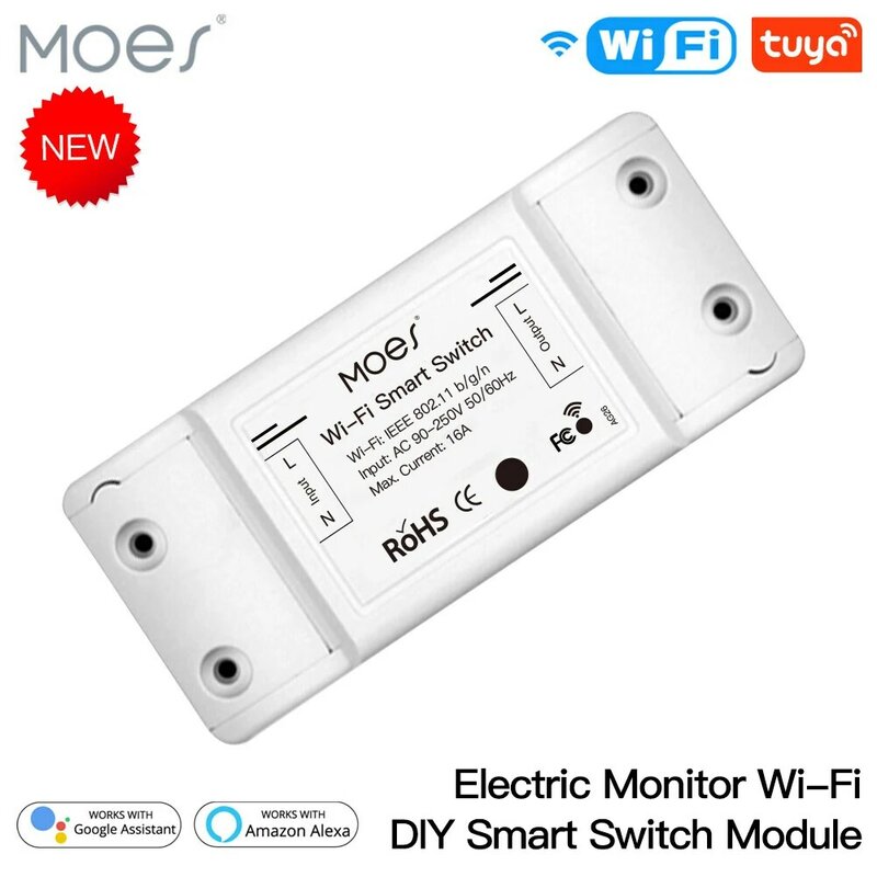 MOES ใหม่ Tuya Wi-Fi DIY สมาร์ทสวิทช์โมดูลรีเลย์ Power Monitor Smart Life App รีโมทคอนโทรล16A ทำงานร่วมกับ Alexa google Home