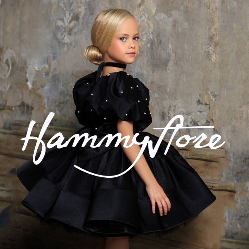 Schwarz Samt Blume Mädchen Kleid Kinder Prinzessin Party Kleider Kurze Ärmel Perlen Perlen Nette Puff Tutu Erste Kommunion Kleid