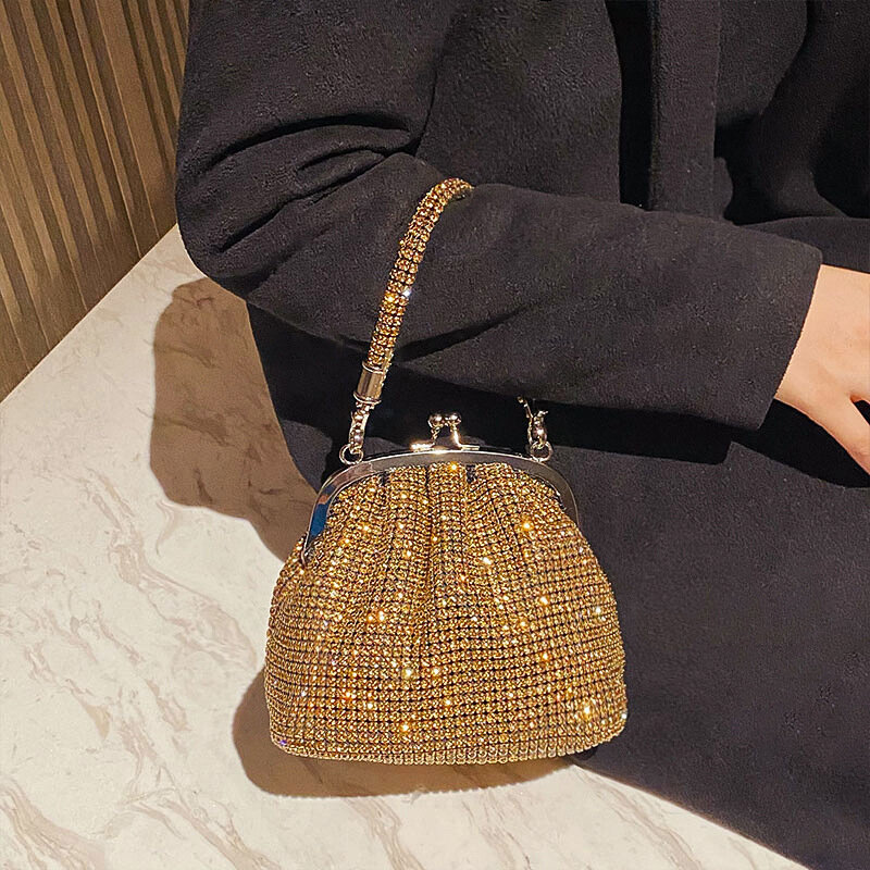 Tas tangan wanita merek desainer tas Bucket berlian mewah tas selempang bahu jala berlian imitasi bersinar dompet pesta malam 2023