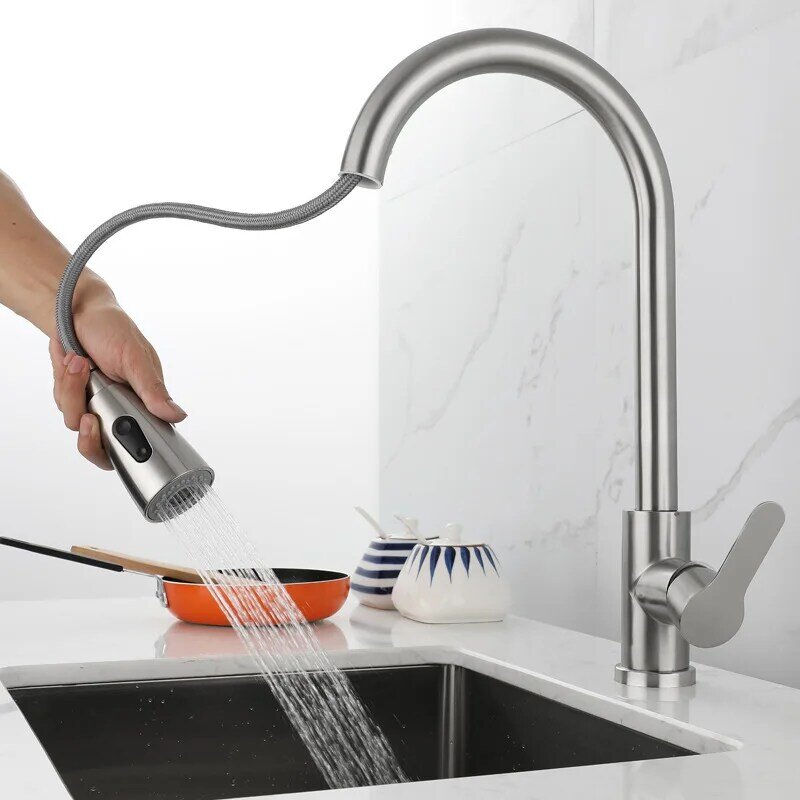 Black/Brushed Nickle Kitchen Faucet Single Handle Pull Out Mixer Hot and Cold Water Faucet Deck Mount