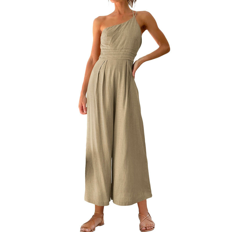 Pelele plisado informal con tirantes para mujer, traje ancho con bolsillos, pantalón corto y ligero