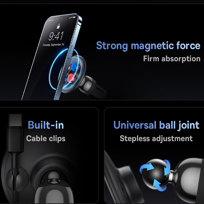 Baseus suporte magnético do carro para o telefone celular universal 360 ° suporte do telefone celular suporte para o respiradouro de ar do carro montagem otário com cabo clipe