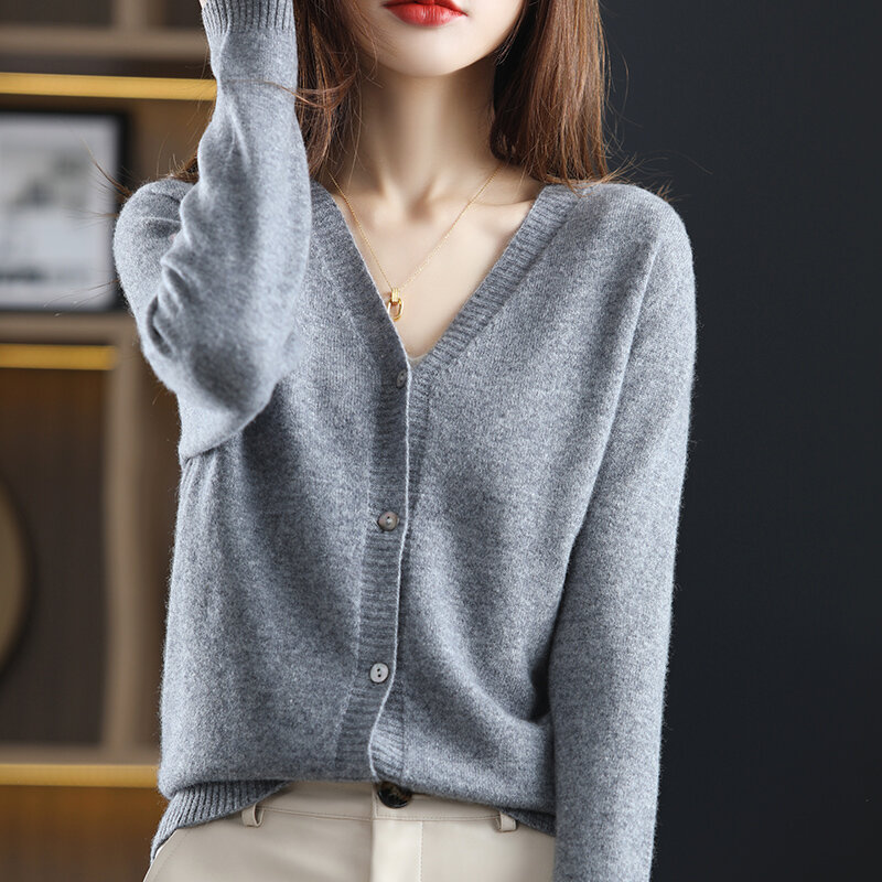 Autumn And Winter Popular Items Outside The New Cardigan Knitted Women's V-Neck Long-Sleeved Sweater Coat Loose Pure Wool