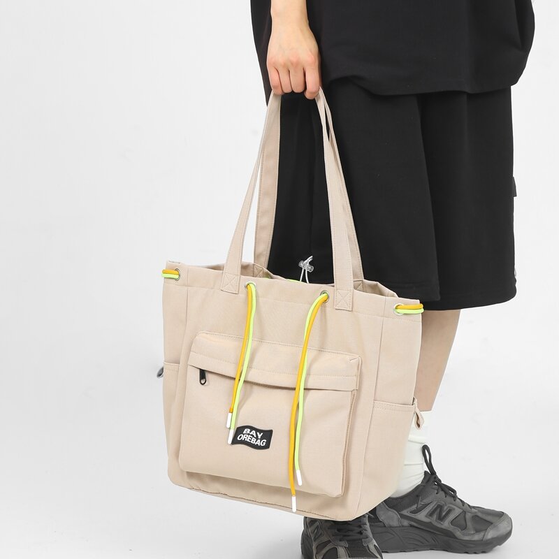 Women Casual Large Capacity Shopping Bags Solid Color Nylon Retro Ladies Portable Eco Tote Bags Large Capacity Shoulder Bags