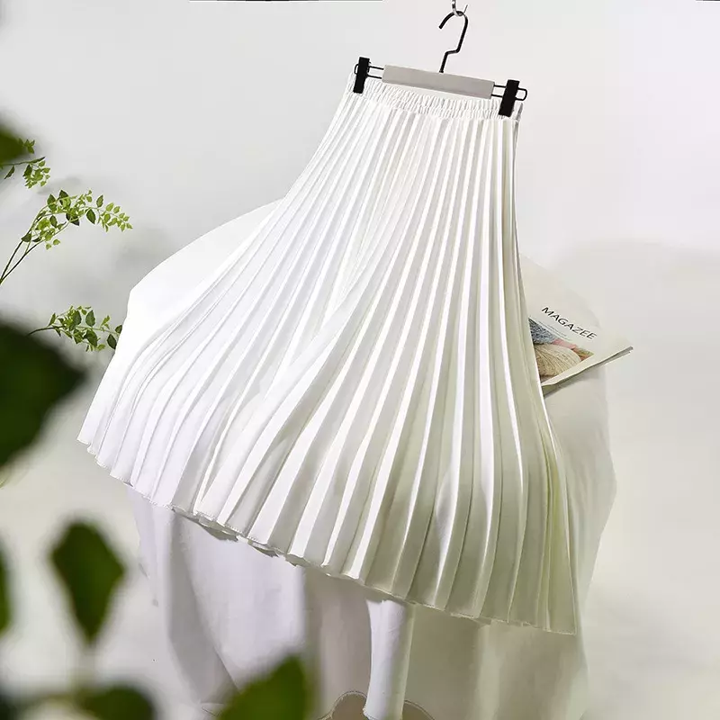 Falda plisada de primavera para mujer, Falda larga de cintura alta, elástica y elegante, color blanco, 2021