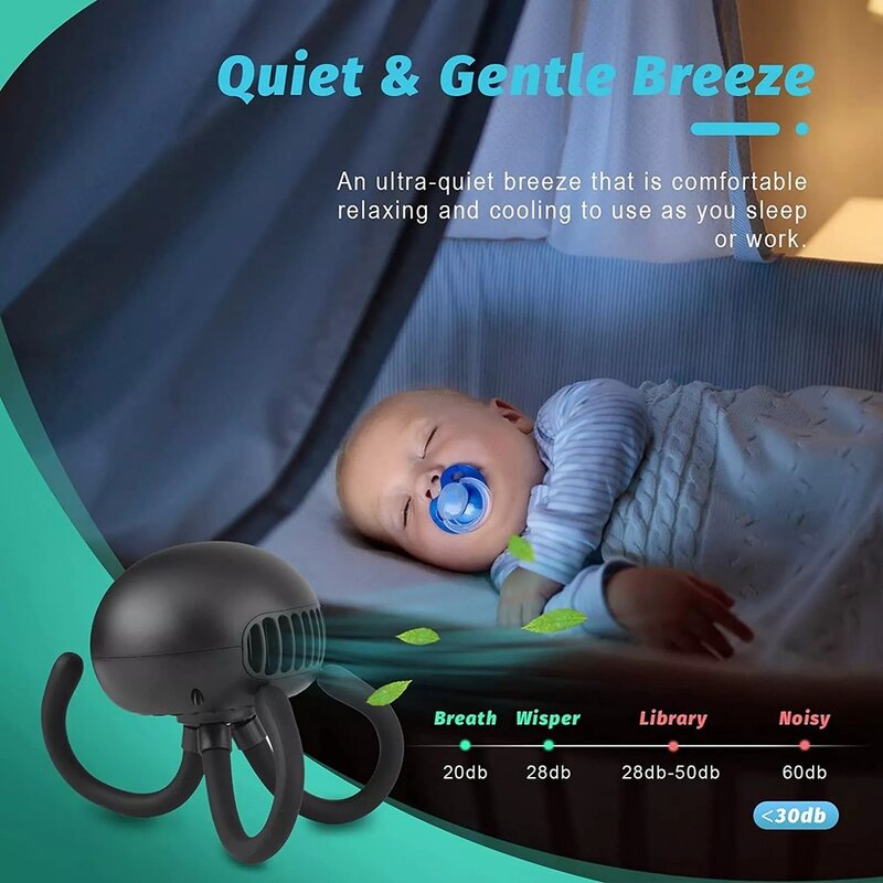 Ventilador de pulpo sin aspas recargable por USB, soporte portátil para cochecito de bebé, soporte para teléfono, 3 velocidades