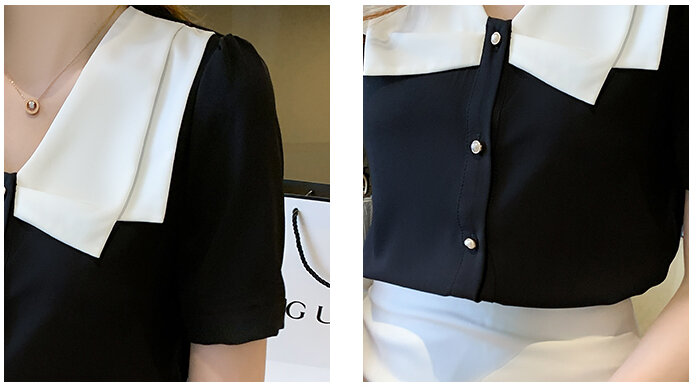 女性用半袖シフォンサマーブラウス,エレガントな女性用シャツ,Vネック,ブラックカラー,855c