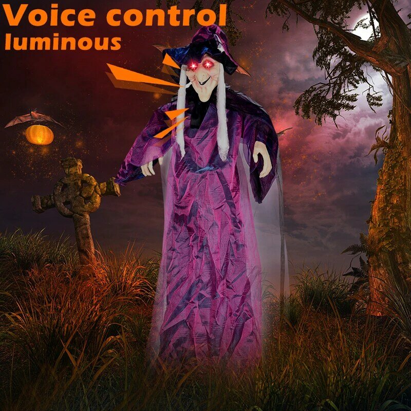 1/2 Buah Gantung Liontin Hantu Induksi Halloween Penyihir Horor Mainan Boneka Kontrol Suara Properti Mata LED Menakutkan Bar Dekorasi Taman Rumah